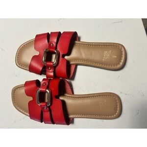 Time and Tru Womens Red Slide Sandals  Gold Buckle Strappy Flats Size 9